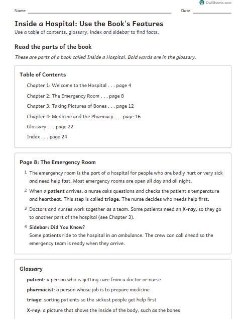 Inside a Hospital: Use the Book's Features worksheet preview