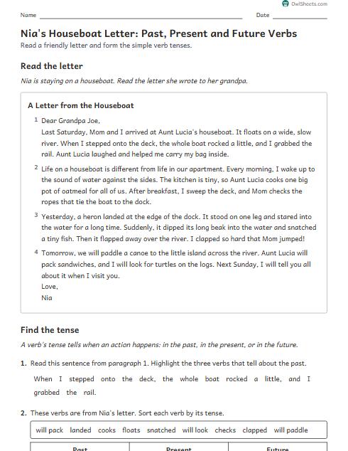 Nia's Houseboat Letter: Past, Present and Future Verbs worksheet preview