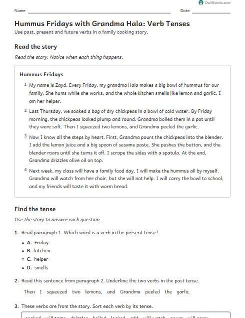 Hummus Fridays with Grandma Hala: Verb Tenses worksheet preview