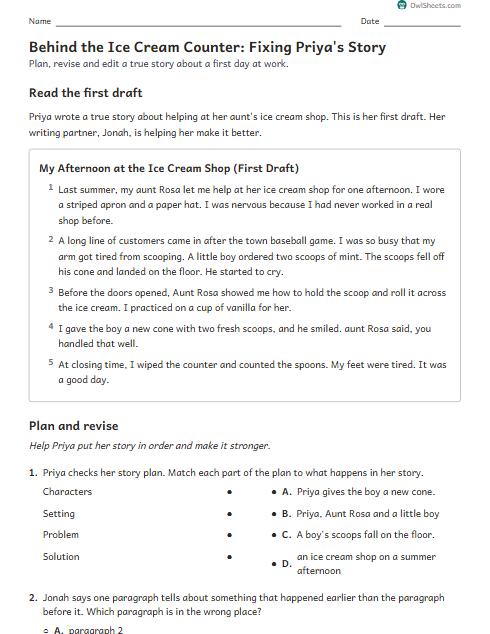 Behind the Ice Cream Counter: Fixing Priya's Story worksheet preview