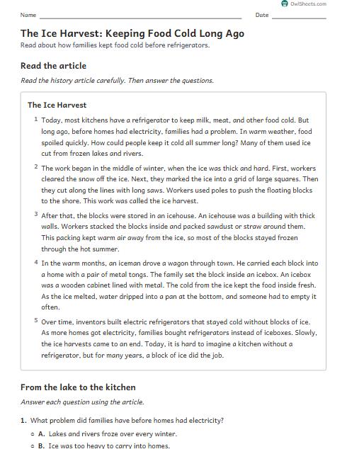 The Ice Harvest: Keeping Food Cold Long Ago worksheet preview