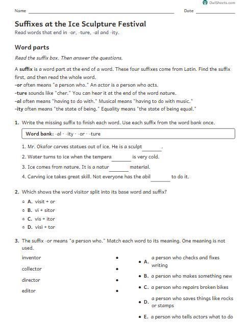 Suffixes at the Ice Sculpture Festival worksheet preview
