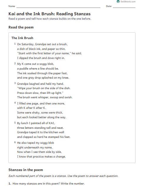 Kai and the Ink Brush: Reading Stanzas worksheet preview