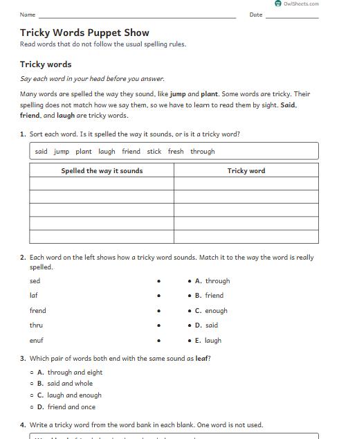 Tricky Words Puppet Show worksheet preview