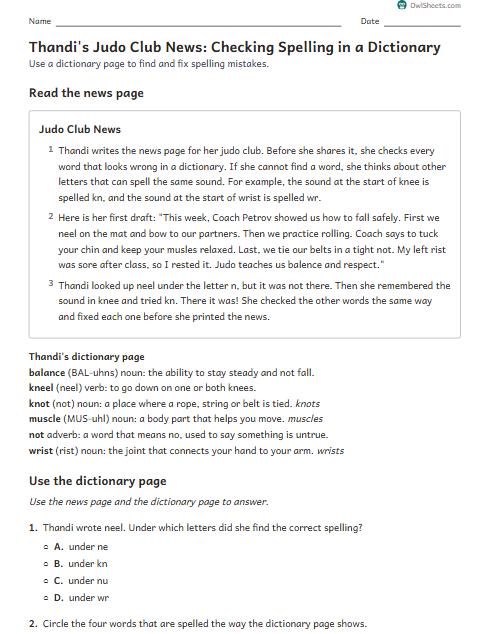 Thandi's Judo Club News: Checking Spelling in a Dictionary worksheet preview