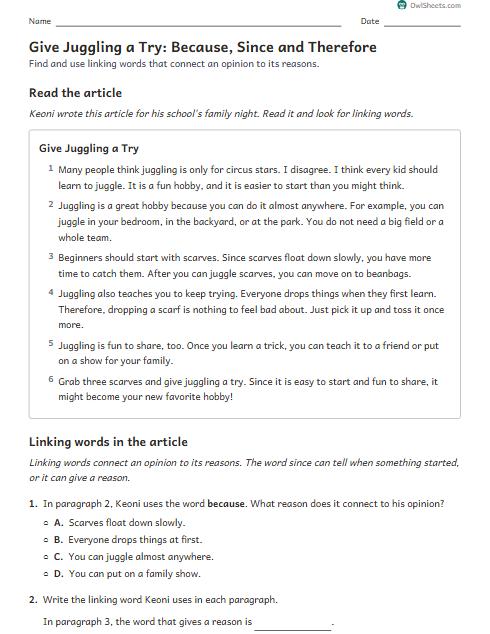 Give Juggling a Try: Because, Since and Therefore worksheet preview