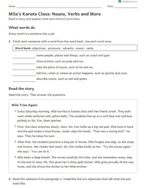 Mila's Karate Class: Nouns, Verbs and More worksheet preview