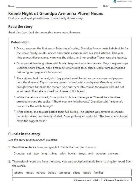 Kebab Night at Grandpa Arman's: Plural Nouns worksheet preview