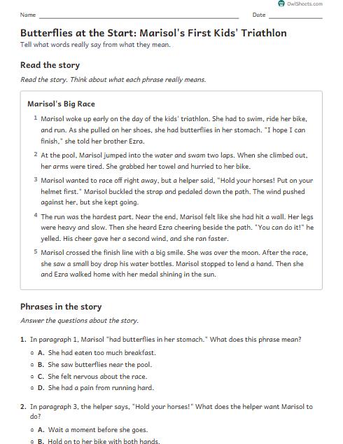 Butterflies at the Start: Marisol's First Kids' Triathlon worksheet preview