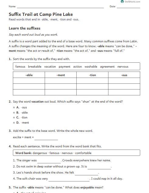 Suffix Trail at Camp Pine Lake worksheet preview