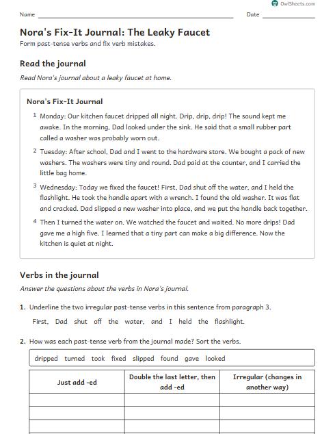 Nora's Fix-It Journal: The Leaky Faucet worksheet preview