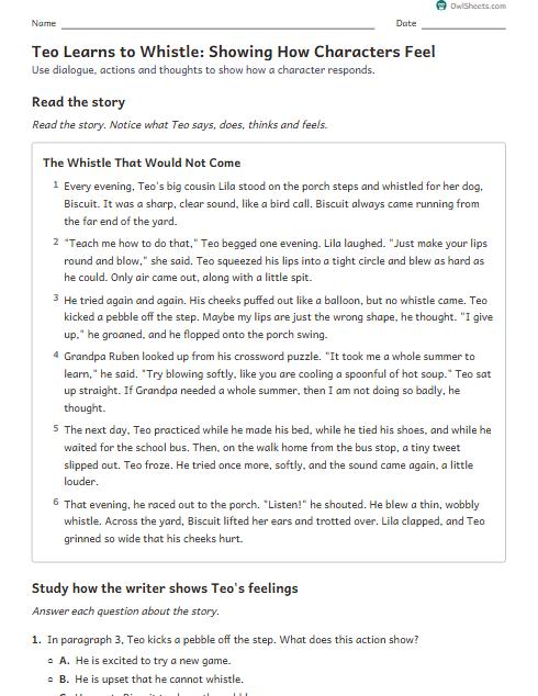 Teo Learns to Whistle: Showing How Characters Feel worksheet preview