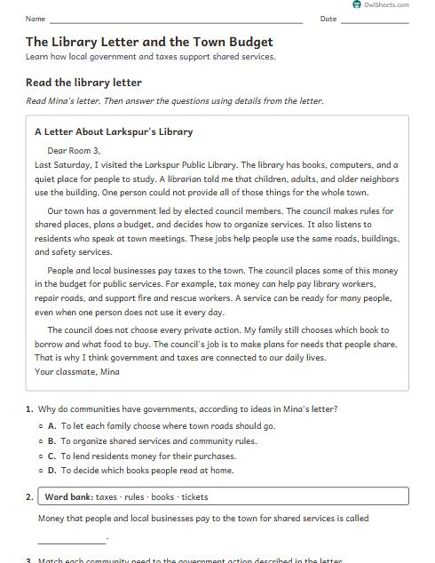 The Library Letter and the Town Budget worksheet preview