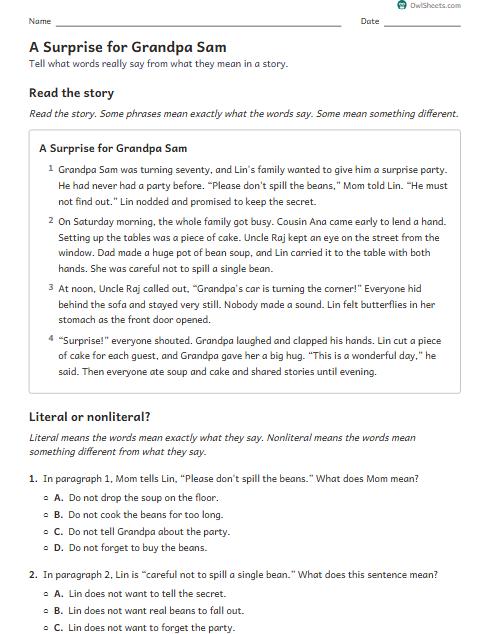 A Surprise for Grandpa Sam worksheet preview