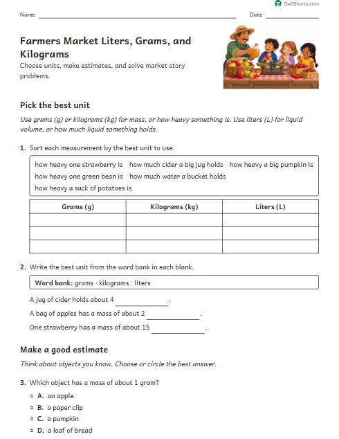Farmers Market Liters, Grams, and Kilograms worksheet preview