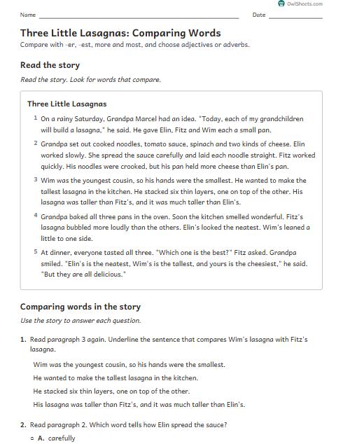 Three Little Lasagnas: Comparing Words worksheet preview