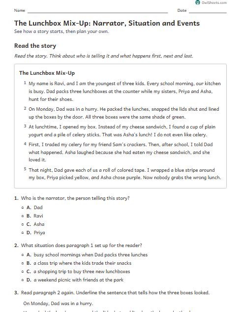 The Lunchbox Mix-Up: Narrator, Situation and Events worksheet preview