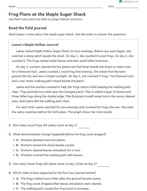 Frog Plans at the Maple Sugar Shack worksheet preview
