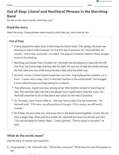Out of Step: Literal and Nonliteral Phrases in the Marching Band worksheet preview