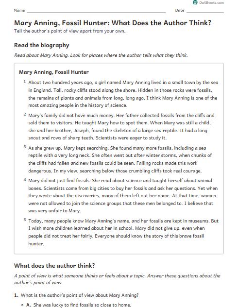 Mary Anning, Fossil Hunter: What Does the Author Think? worksheet preview