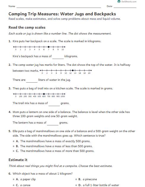 Camping Trip Measures: Water Jugs and Backpacks worksheet preview
