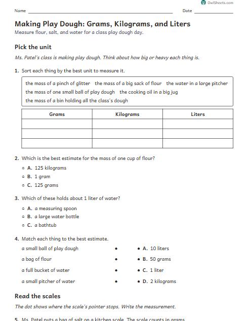 Making Play Dough: Grams, Kilograms, and Liters worksheet preview