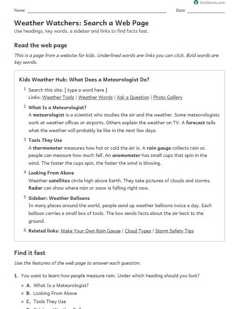 Weather Watchers: Search a Web Page worksheet preview