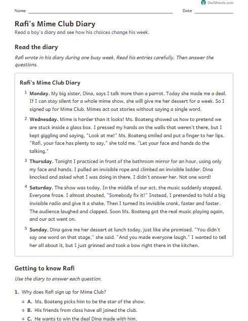 Rafi's Mime Club Diary worksheet preview