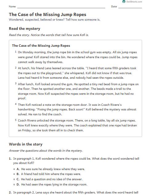 The Case of the Missing Jump Ropes worksheet preview