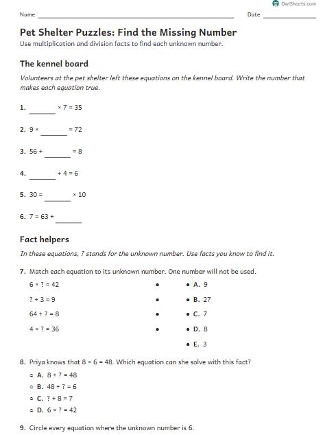 Pet Shelter Puzzles: Find the Missing Number worksheet preview