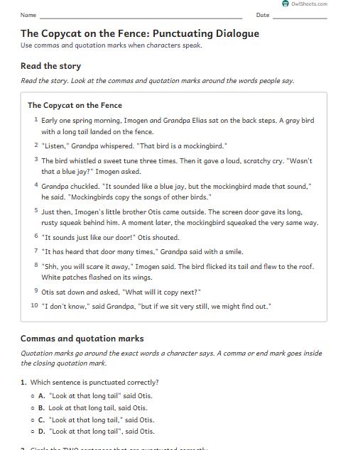 The Copycat on the Fence: Punctuating Dialogue worksheet preview