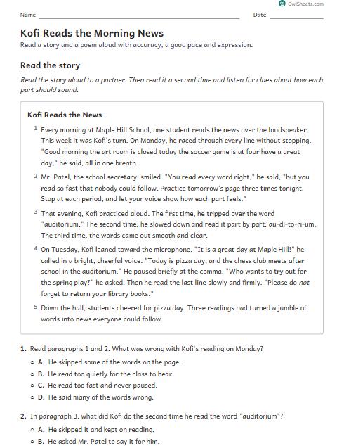 Kofi Reads the Morning News worksheet preview