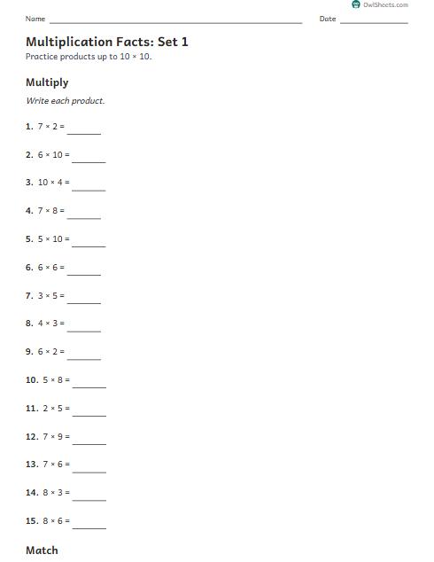 Multiplication Facts: Set 1 worksheet preview