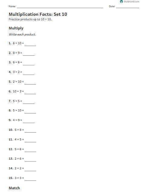 Multiplication Facts: Set 10 worksheet preview