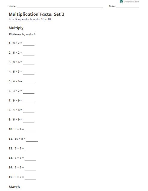 Multiplication Facts: Set 3 worksheet preview