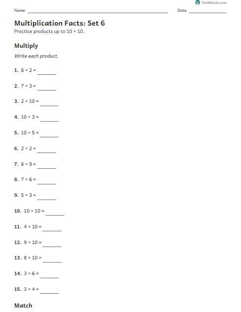 Multiplication Facts: Set 6 worksheet preview