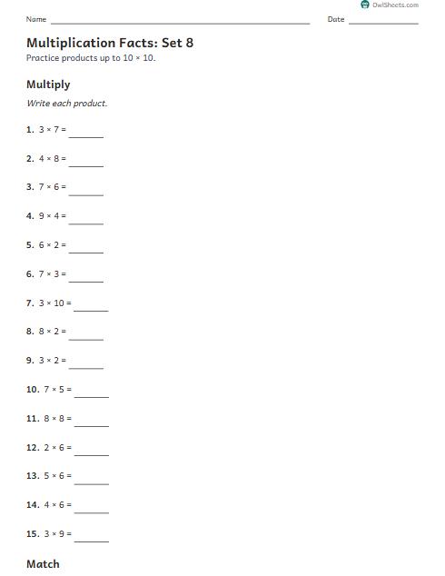 Multiplication Facts: Set 8 worksheet preview