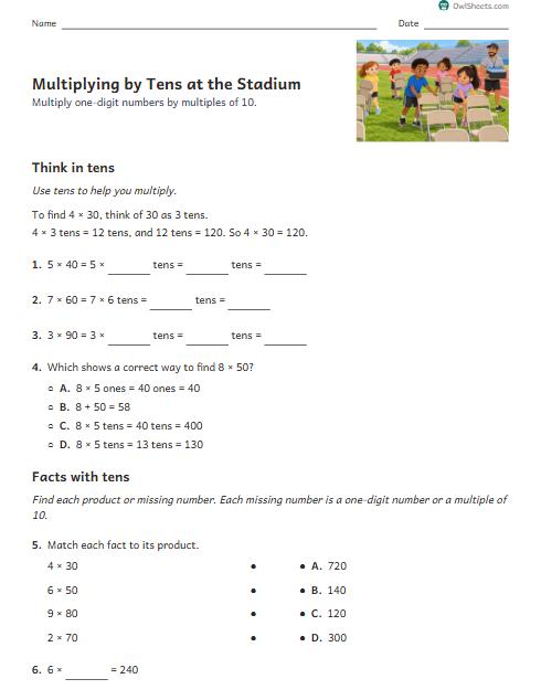Multiplying by Tens at the Stadium worksheet preview