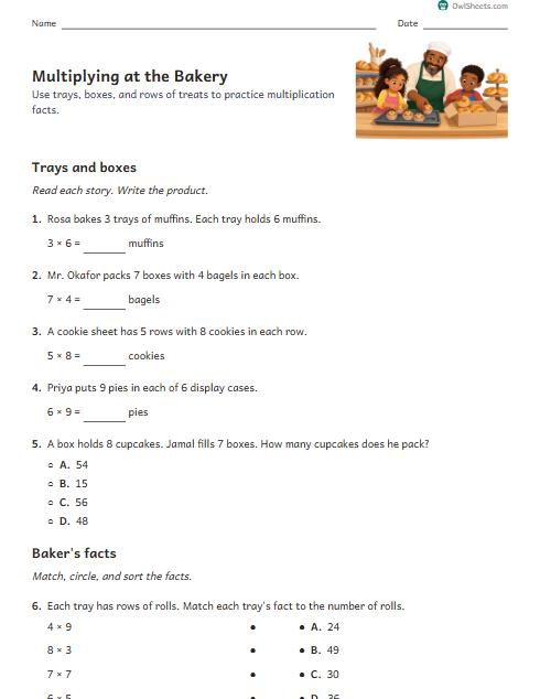 Multiplying at the Bakery worksheet preview