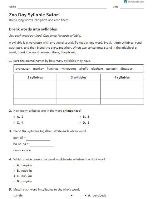 Zoo Day Syllable Safari worksheet preview