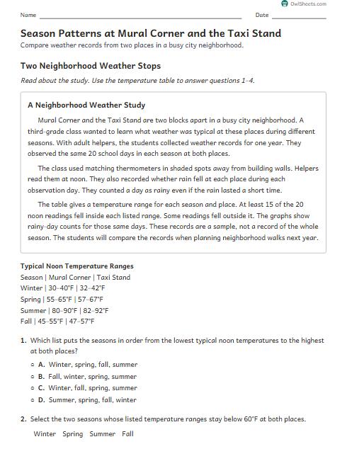 Season Patterns at Mural Corner and the Taxi Stand worksheet preview