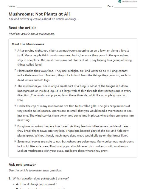 Mushrooms: Not Plants at All worksheet preview