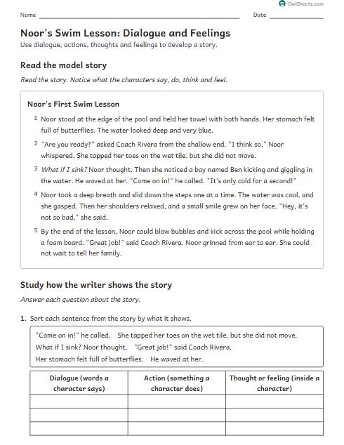 Noor's Swim Lesson: Dialogue and Feelings worksheet preview