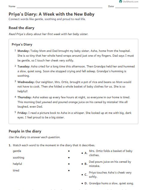 Priya's Diary: A Week with the New Baby worksheet preview