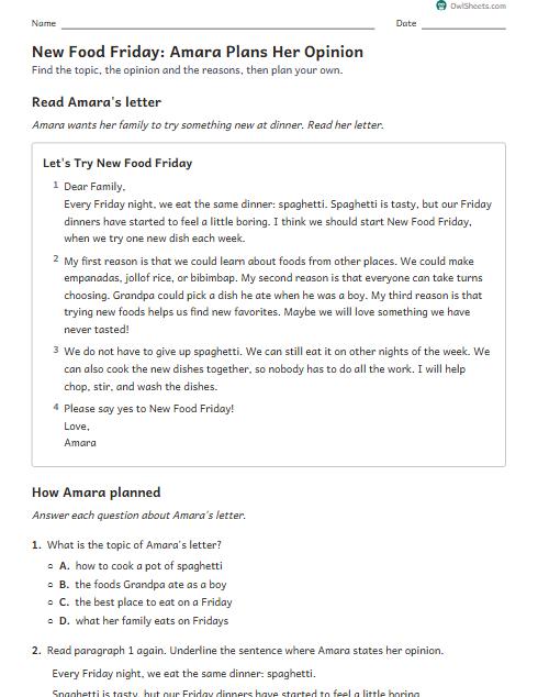 New Food Friday: Amara Plans Her Opinion worksheet preview