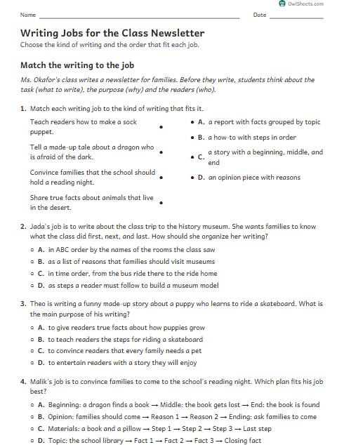 Writing Jobs for the Class Newsletter worksheet preview
