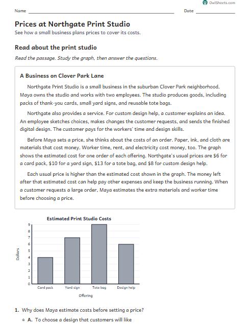 Prices at Northgate Print Studio worksheet preview