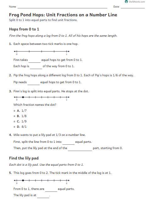 Frog Pond Hops: Unit Fractions on a Number Line worksheet preview