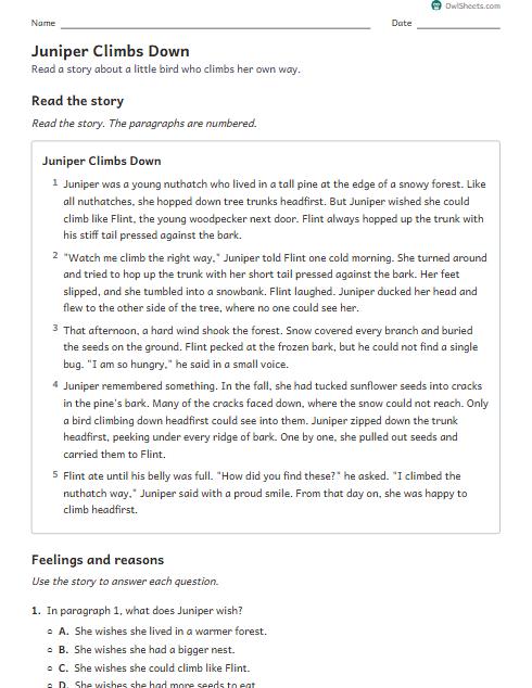 Juniper Climbs Down worksheet preview