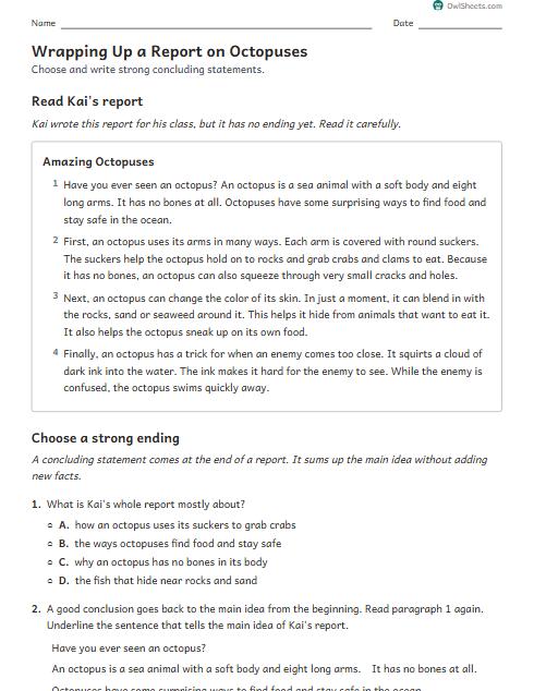 Wrapping Up a Report on Octopuses worksheet preview